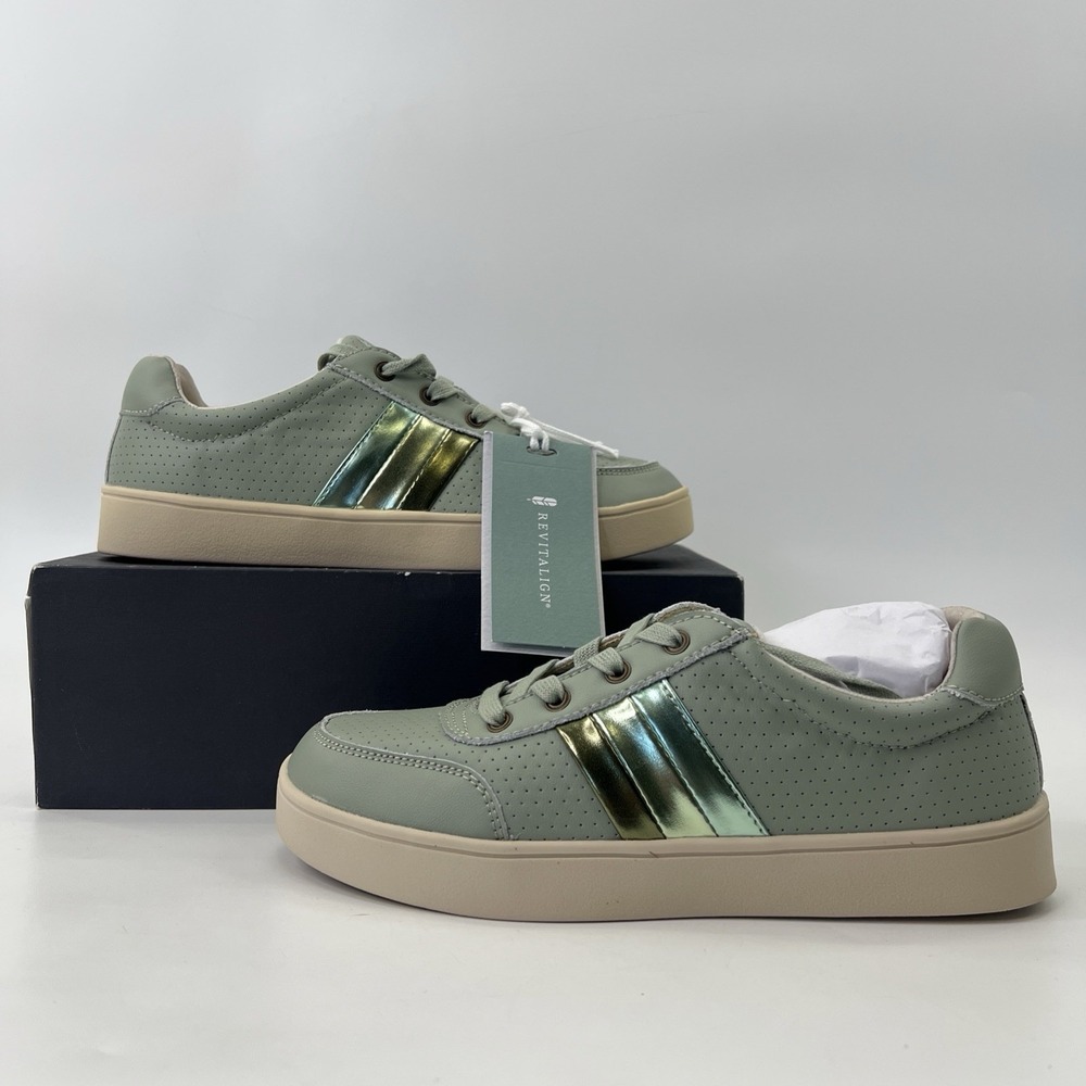 Revitalign Belmont Stripe Sage Leather Sneaker Orthotic Women 8.5 Comfort